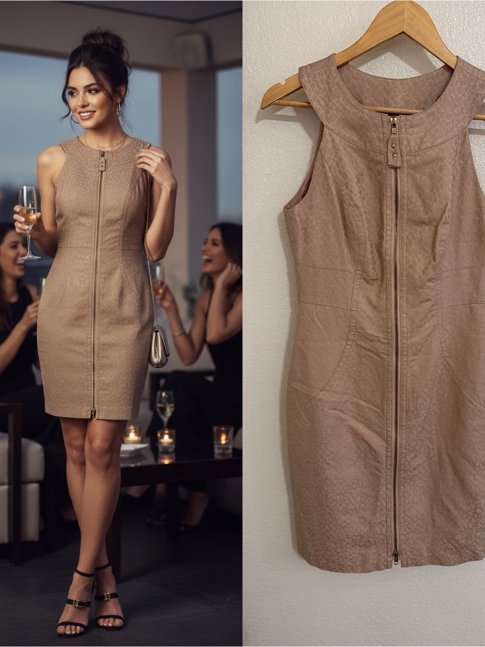Muse Size 6 Taupe Animal Print Textured Zip Front Sheath Dress Fully Lined